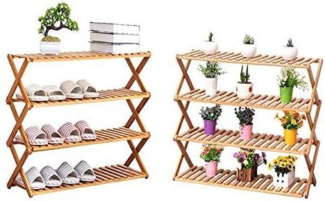 Foldable Bamboo Stackable Shoe Rack Multifunctional Plant Stand Shoes Display Wall Shelf