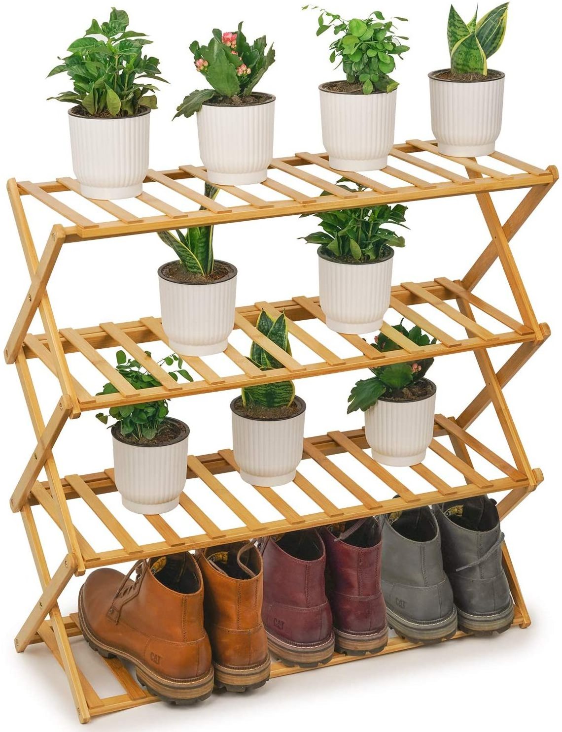 Foldable Bamboo Stackable Shoe Rack Multifunctional Plant Stand Shoes Display Wall Shelf