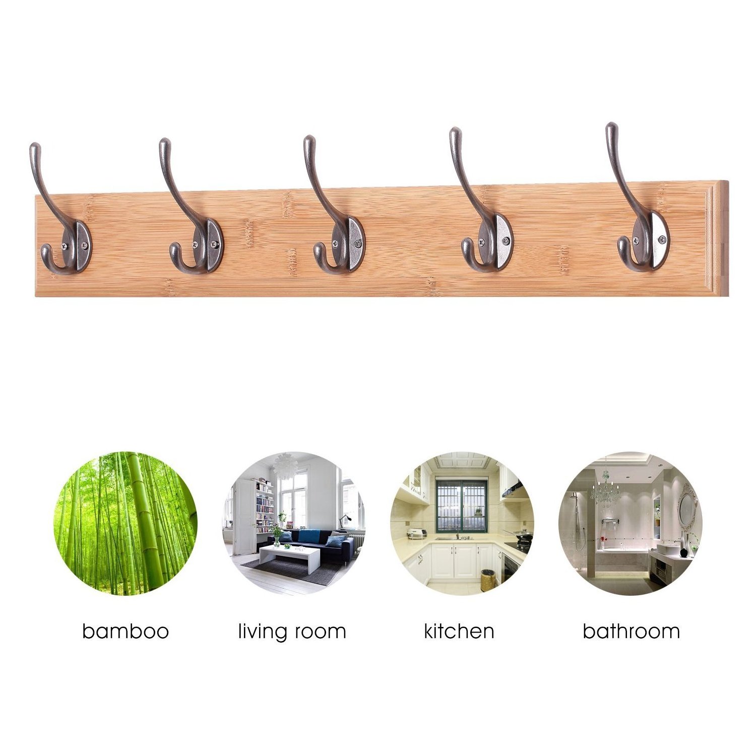 Heavy Duty Bamboo Wall Mounted Bathroom Kitchen Towel Rack Coat Hanger Wall Coat Rack with 5 Hooks