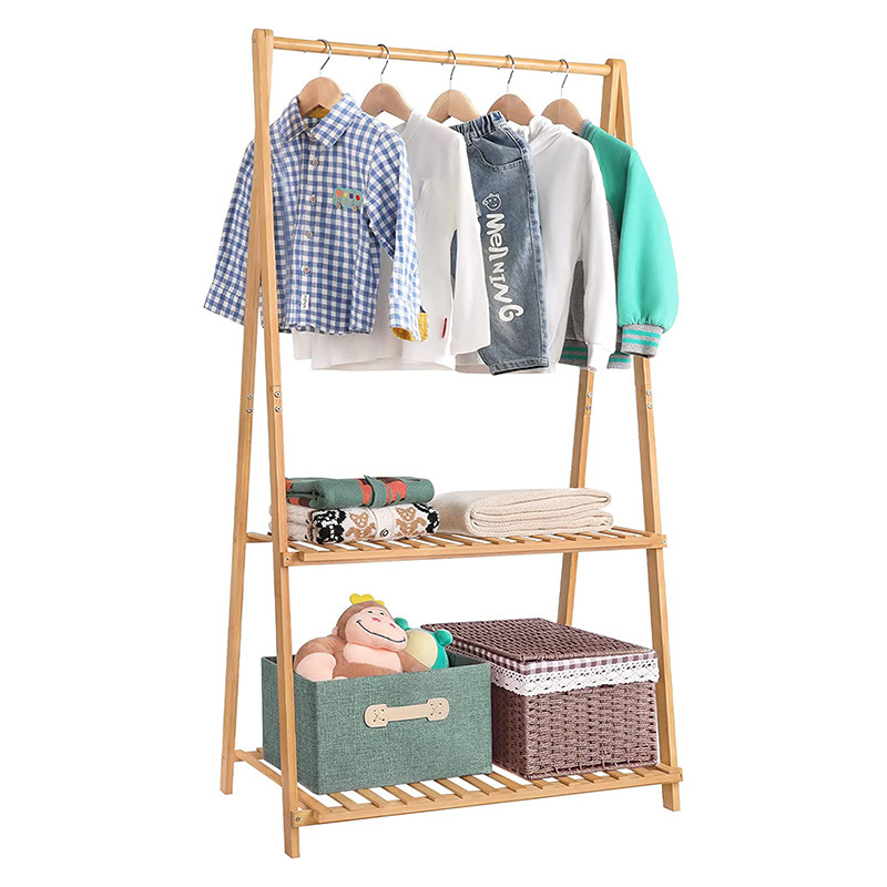 Modern Bamboo Kids Clothing Rack 2-Tier Coat Rack and Costume Organizer for Home and Bedroom with Storage Shelf