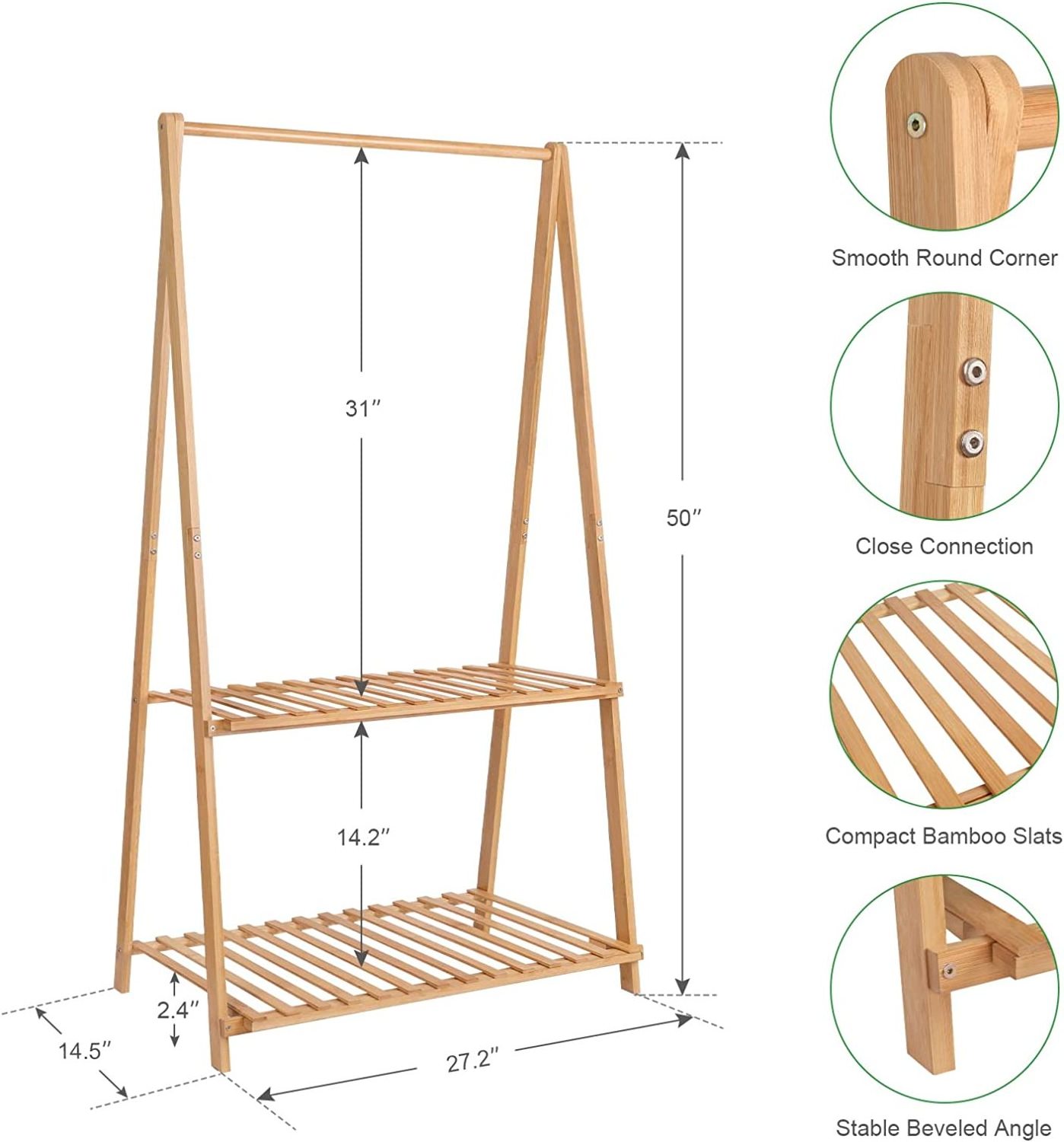 Modern Bamboo Kids Clothing Rack 2-Tier Coat Rack and Costume Organizer for Home and Bedroom with Storage Shelf