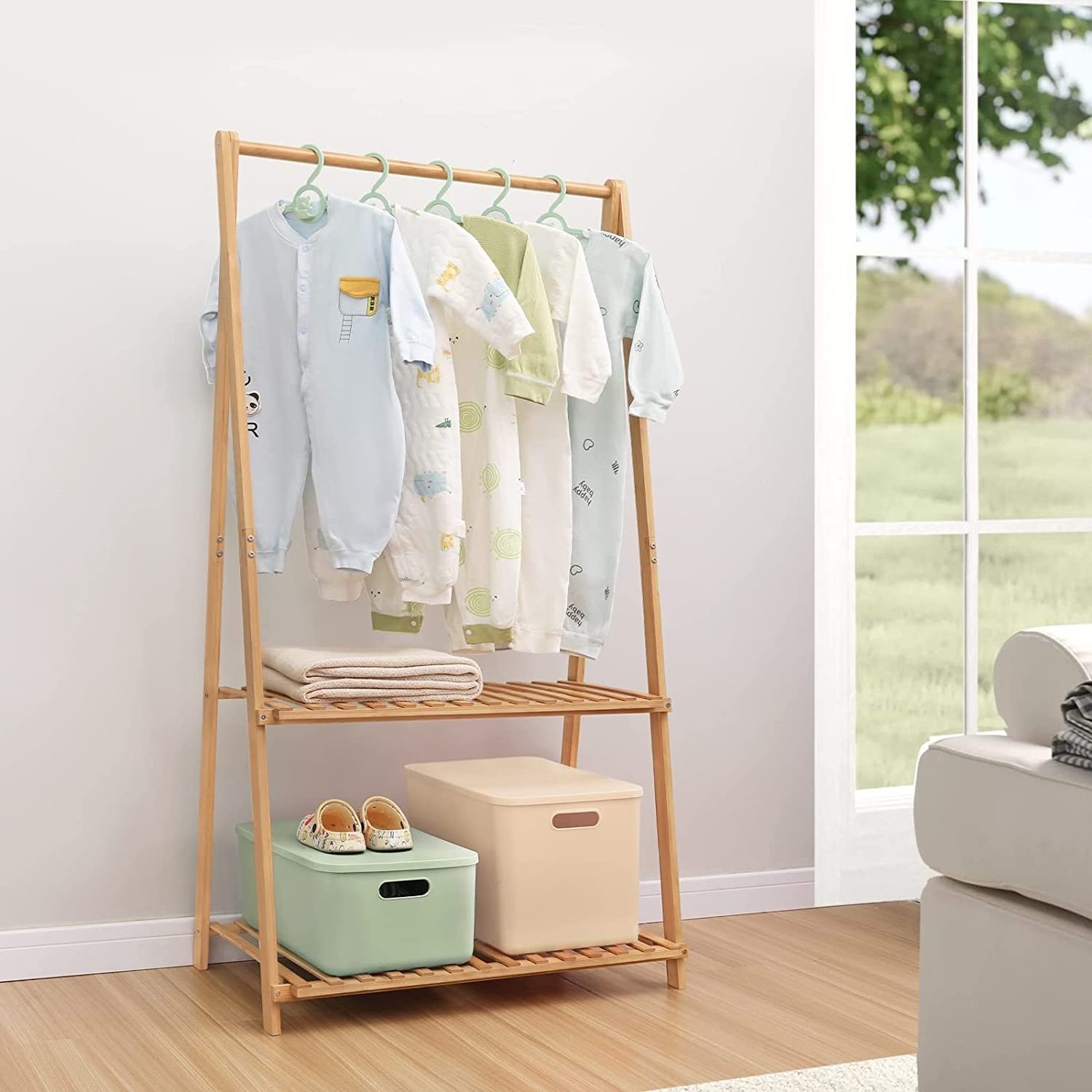 Modern Bamboo Kids Clothing Rack 2-Tier Coat Rack and Costume Organizer for Home and Bedroom with Storage Shelf