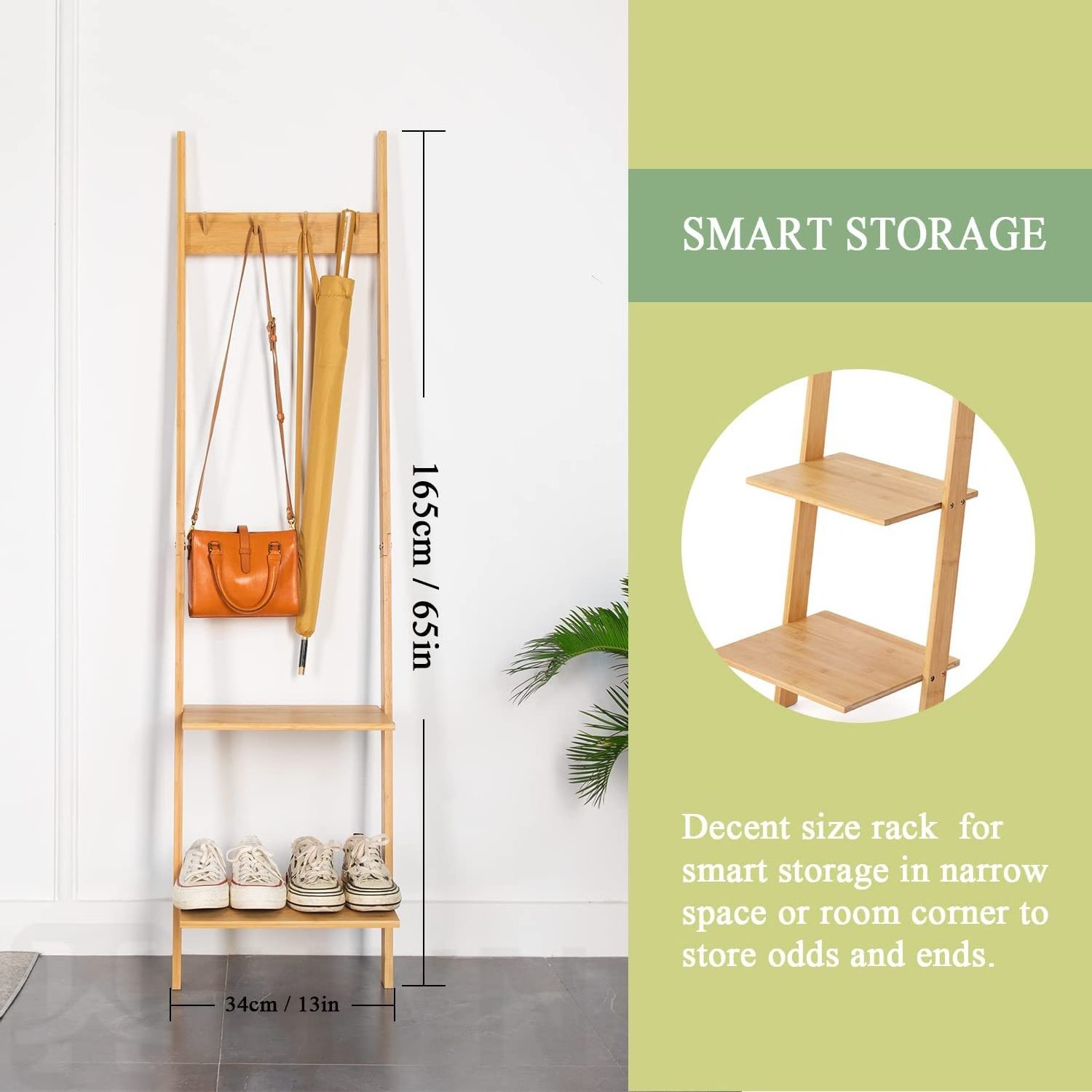 Bamboo Narrow Leaning Book Shelf With Hooks for Bedroom Living Room or Kitchen Coat Rack