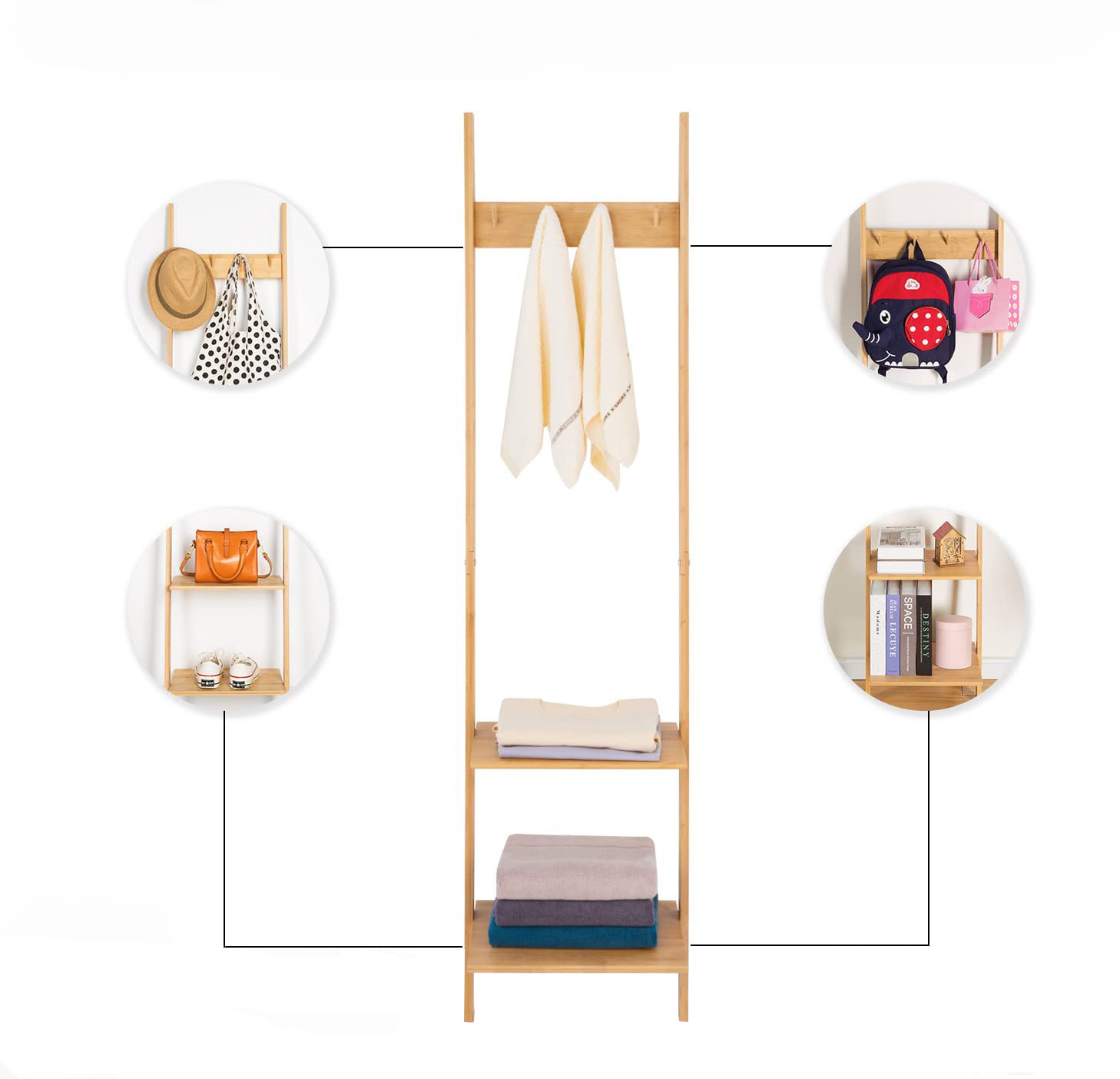 Bamboo Narrow Leaning Book Shelf With Hooks for Bedroom Living Room or Kitchen Coat Rack