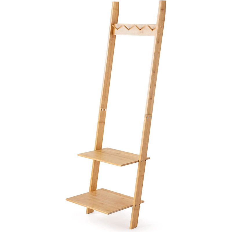 Bamboo Narrow Leaning Book Shelf With Hooks for Bedroom Living Room or Kitchen Coat Rack