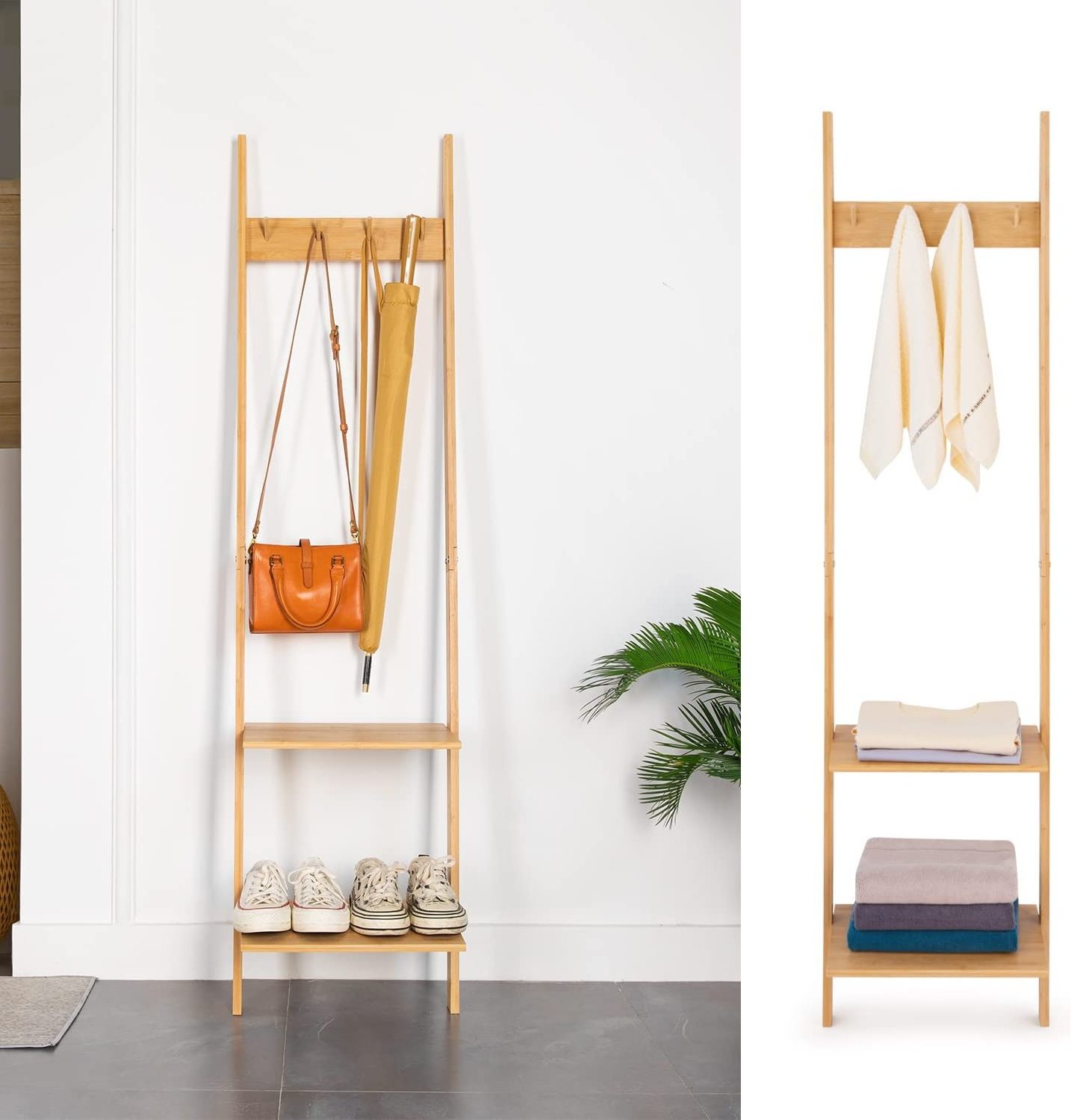 Bamboo Narrow Leaning Book Shelf With Hooks for Bedroom Living Room or Kitchen Coat Rack