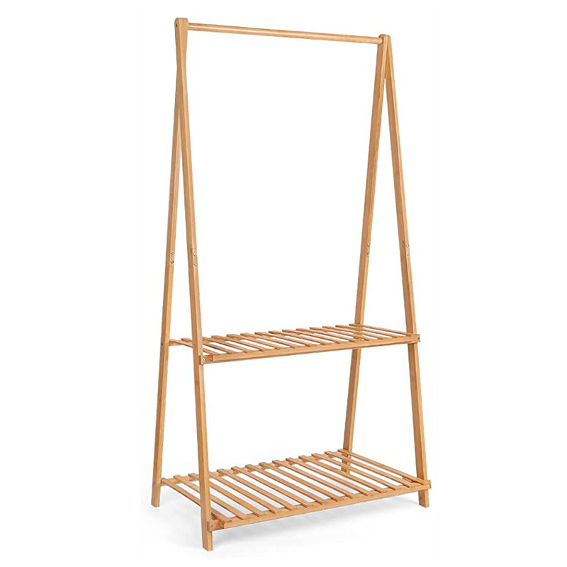 Heavy Duty Bamboo Foldable Garment Clothing Hanger Clothes Rack with Shelves for Bedroom,Livingroom,Bedroom