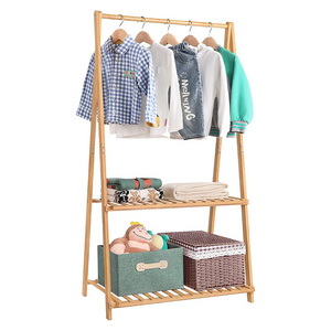 Heavy Duty Bamboo Foldable Garment Clothing Hanger Clothes Rack with Shelves for Bedroom,Livingroom,Bedroom