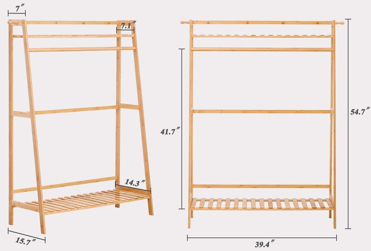 Bamboo Garment Coat Clothes Rack with Shoe Clothing Storage Organizer Shelves