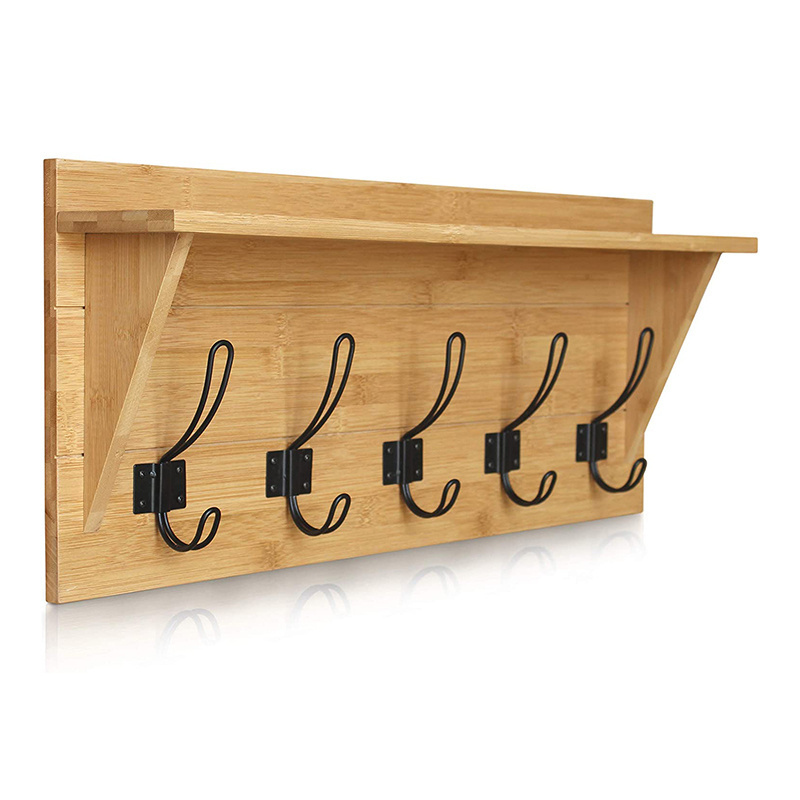 Bamboo Wall Mounted Coat Rack with Shelf Entryway Floating Shelf with 5 Hooks Decorative Floating Shelf for Storage