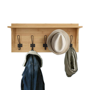 Bamboo Wall Mounted Coat Rack with Shelf Entryway Floating Shelf with 5 Hooks Decorative Floating Shelf for Storage