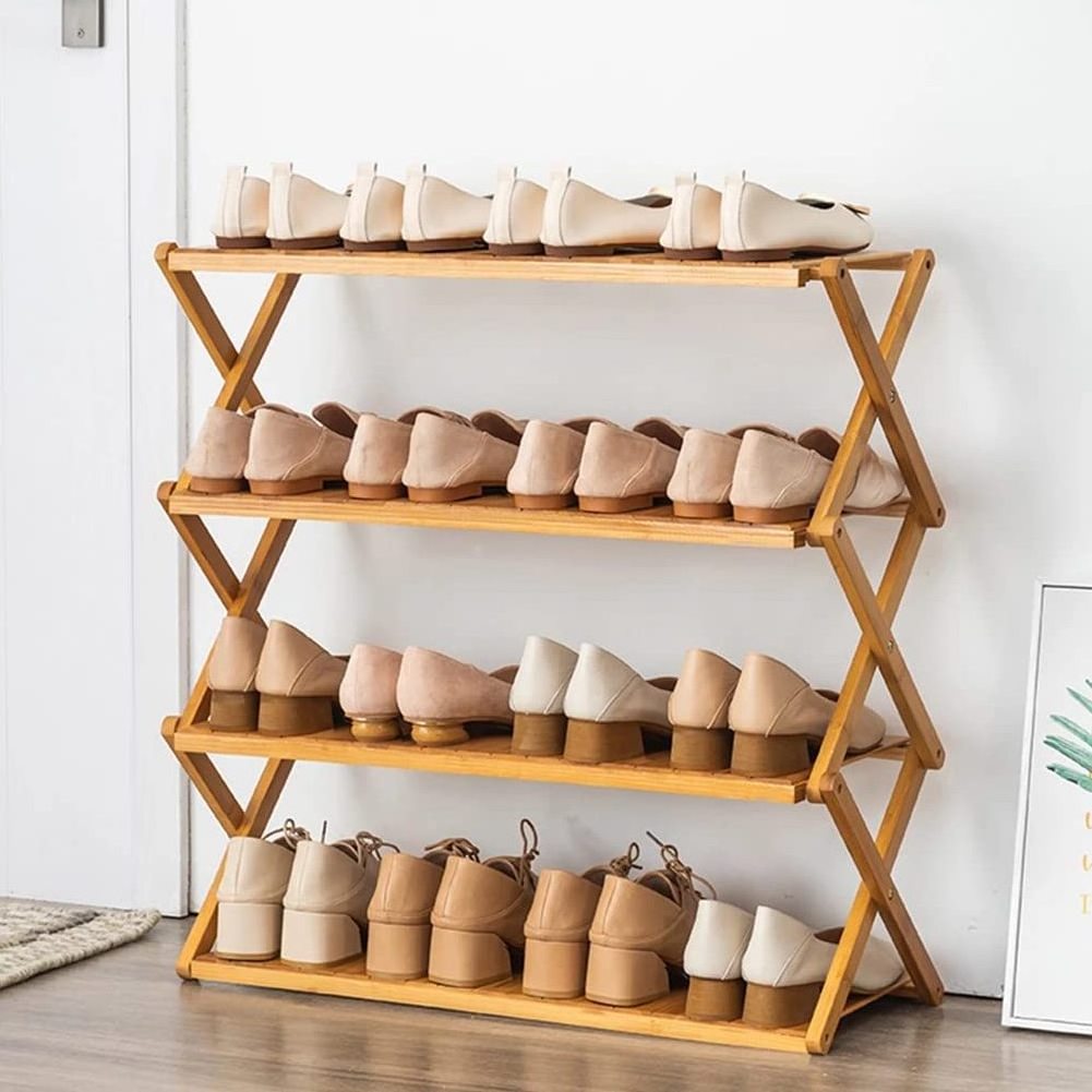 Free Standing Multifunctional Storage Organizer 4 Tier Shoe Shelf Entryway Shoes Organizer Folding Shoe Rack