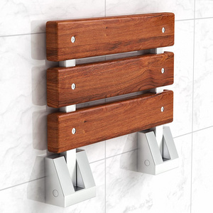 Folding Shower Seat Wooden Wall Mounted Bench Bathroom Stool - Teak Wood / Stainless Steel