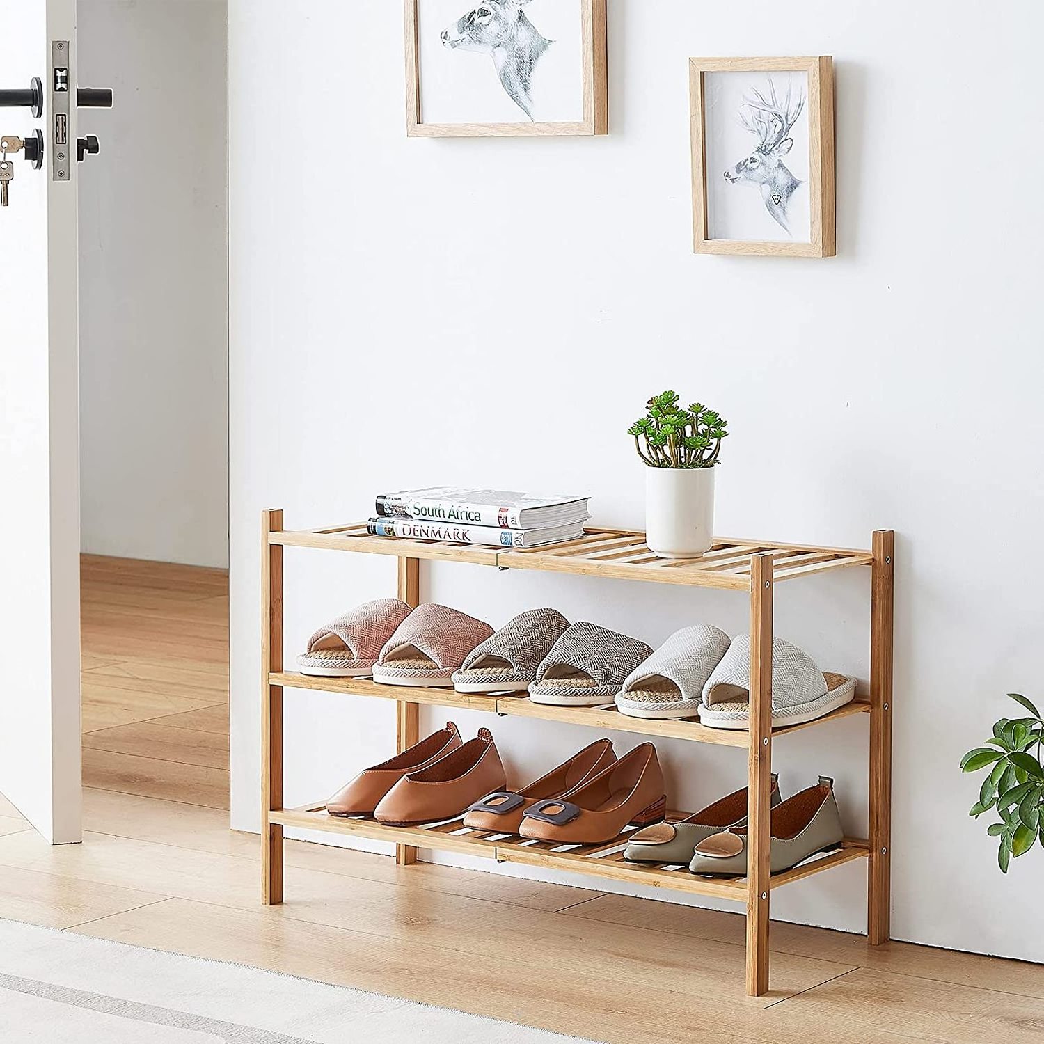 Free Standing Entryway Bamboo Shoe Organizer Shelf 3-Tier Stackable Shoe Rack for Closet Hallway