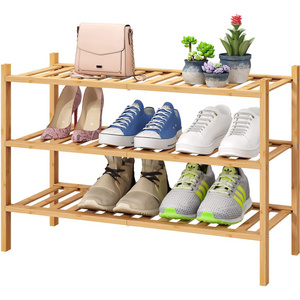 Free Standing Entryway Bamboo Shoe Organizer Shelf 3-Tier Stackable Shoe Rack for Closet Hallway