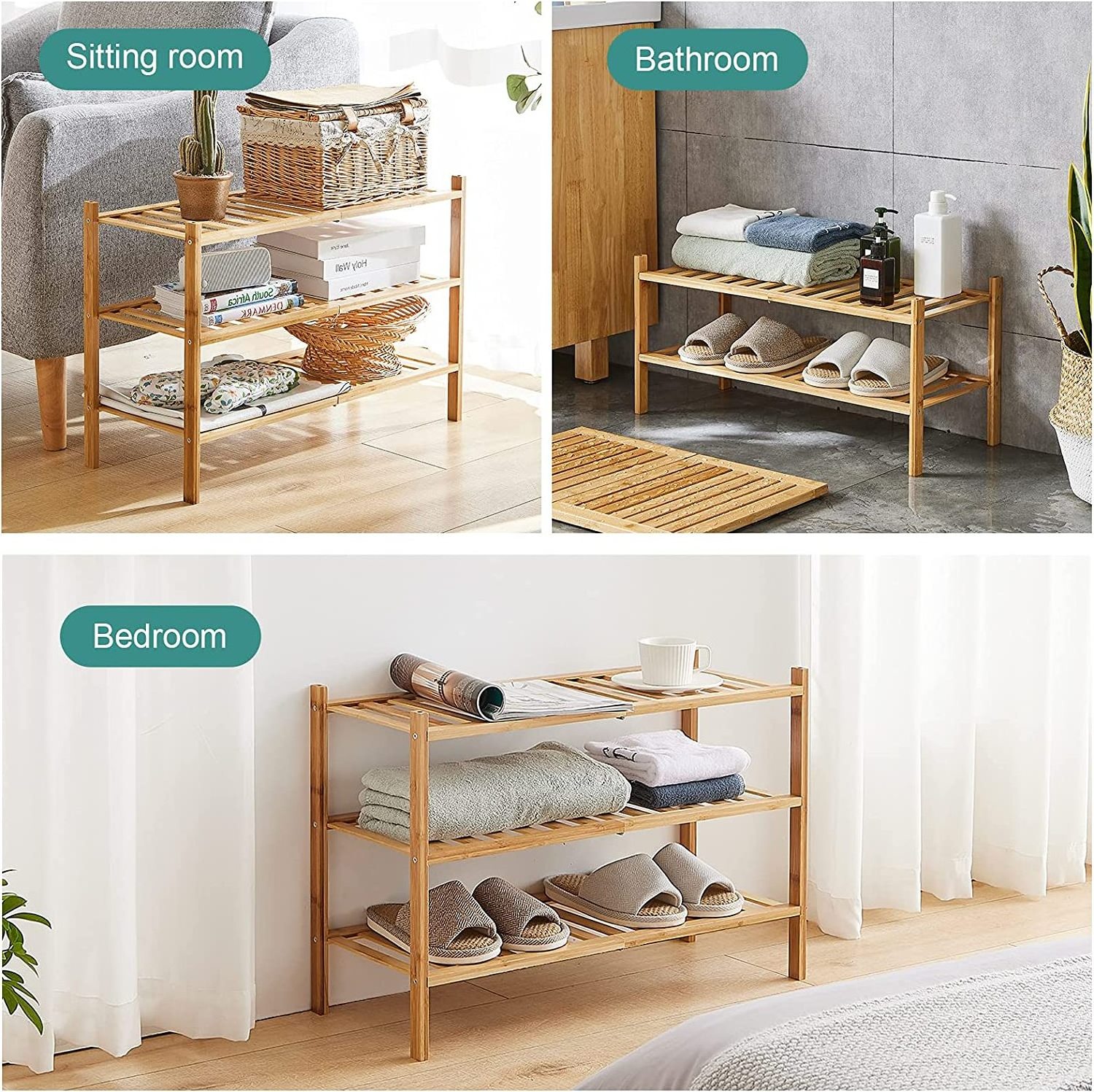 Free Standing Entryway Bamboo Shoe Organizer Shelf 3-Tier Stackable Shoe Rack for Closet Hallway