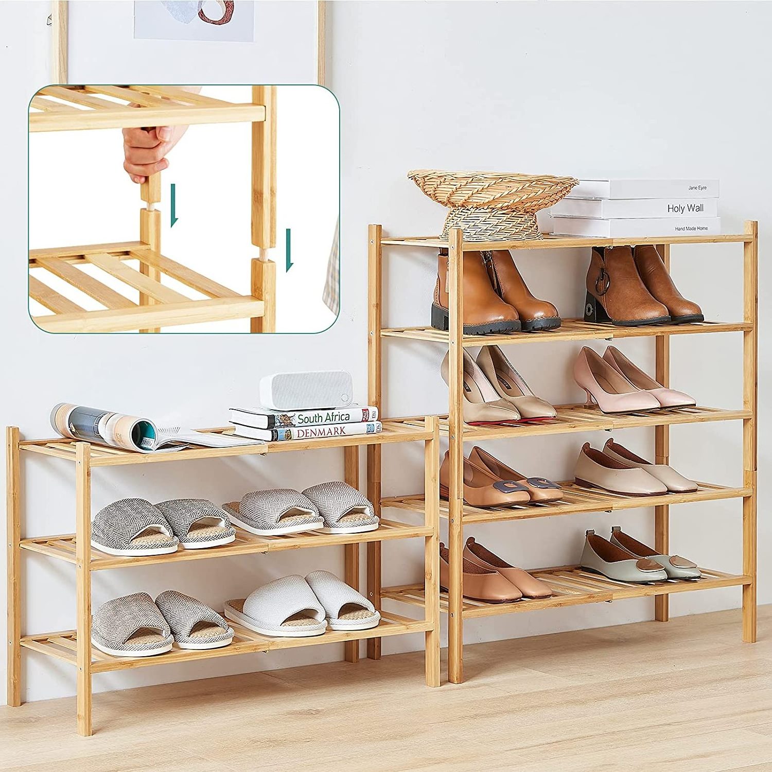 Free Standing Entryway Bamboo Shoe Organizer Shelf 3-Tier Stackable Shoe Rack for Closet Hallway