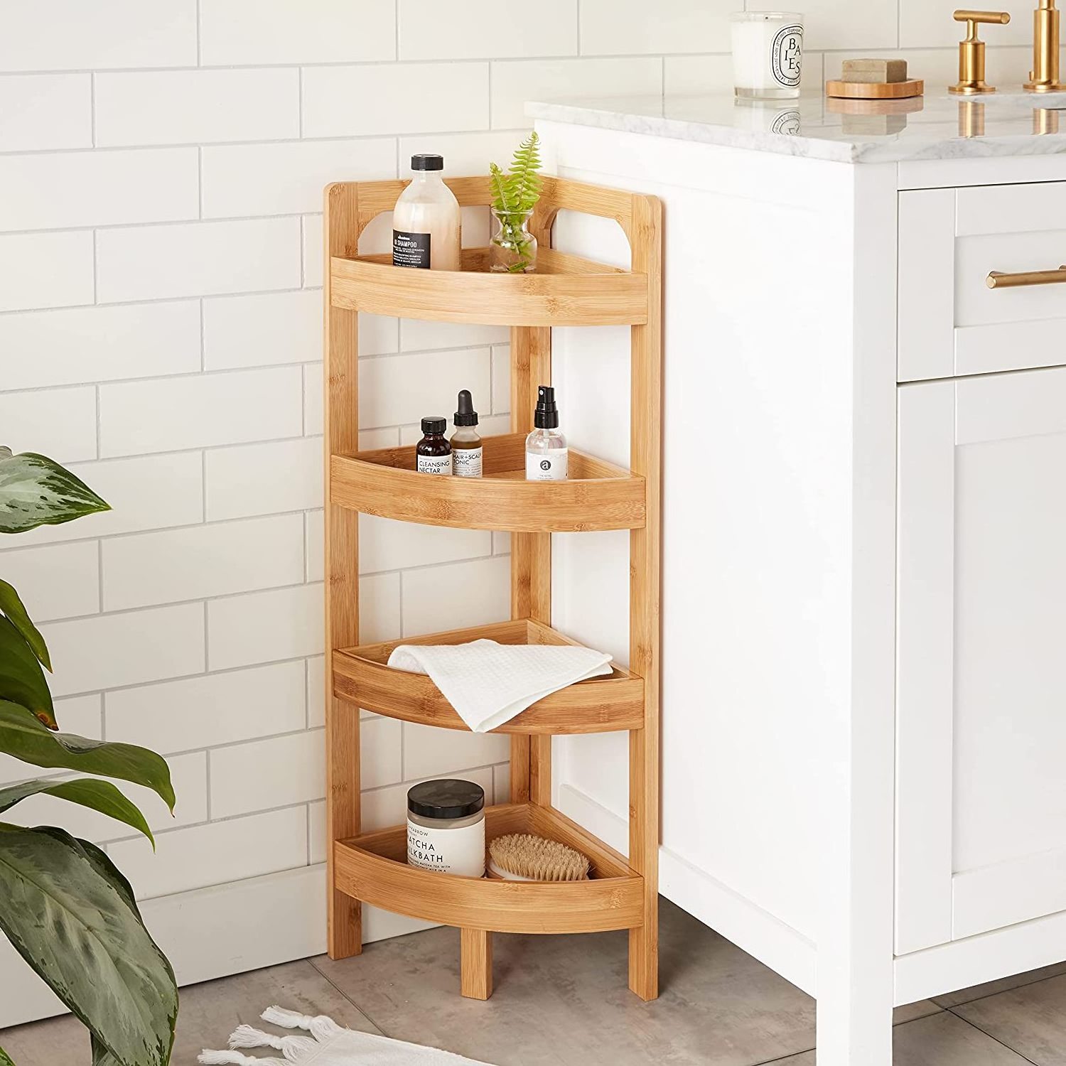 Home Decor Multipurpose Bamboo Bathroom Storage Shelving Unit 4 Tier Corner Shelf Rack