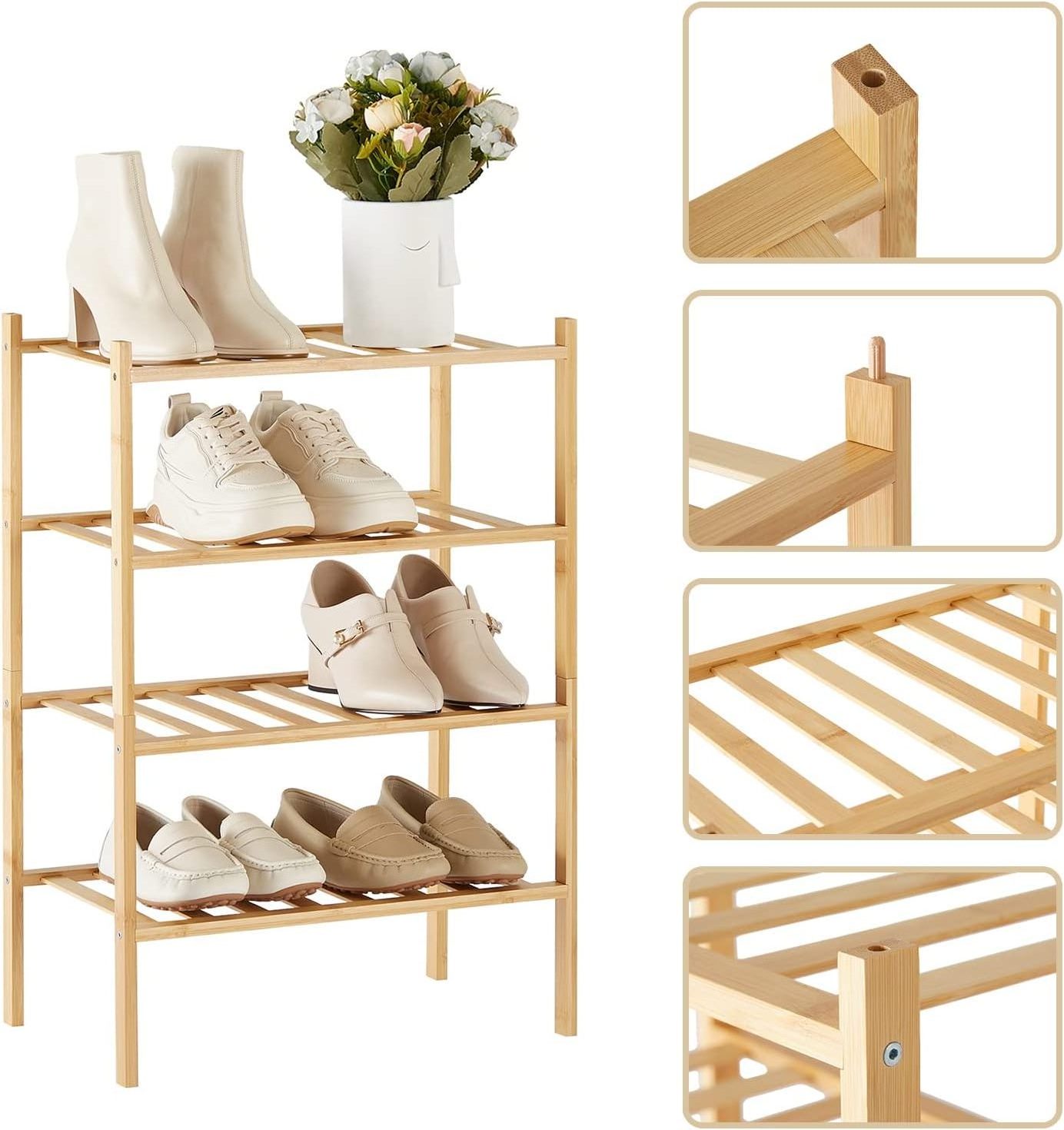 4 Tier Narrow Shoe Rack Stackable Organizer Storage Bamboo Shoe Rack for Entryway Closet