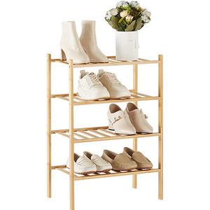 4 Tier Narrow Shoe Rack Stackable Organizer Storage Bamboo Shoe Rack for Entryway Closet