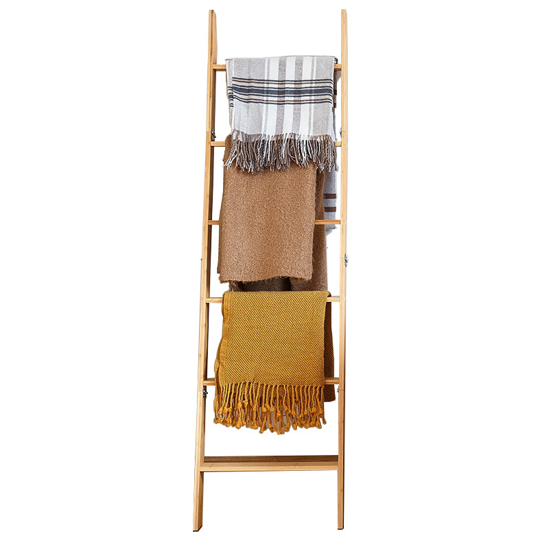 Home Decor Bamboo Wall-Leaning Display Stand 6ft Blanket and Quilt Organizer for Livingroom and Bedroom Bathroom Ladder Shelf