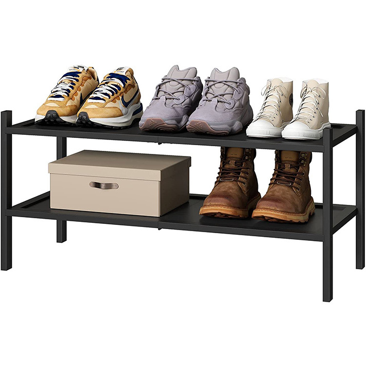 Free Standing Entryway Black Bamboo Stackable Shoe Storage Organizer Display Shelf 2 Tier Shoe Rack for Closet