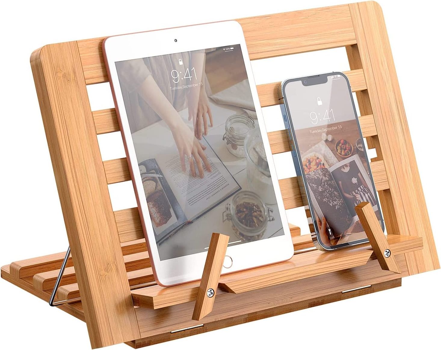 Portable Bamboo Reading Shelf with Page Clips Adjustable Bookstand Recipe Cookbook Holder Foldable Book Stand