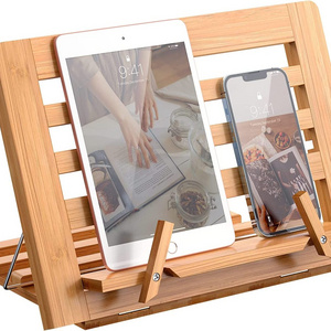 Portable Bamboo Reading Shelf with Page Clips Adjustable Bookstand Recipe Cookbook Holder Foldable Book Stand