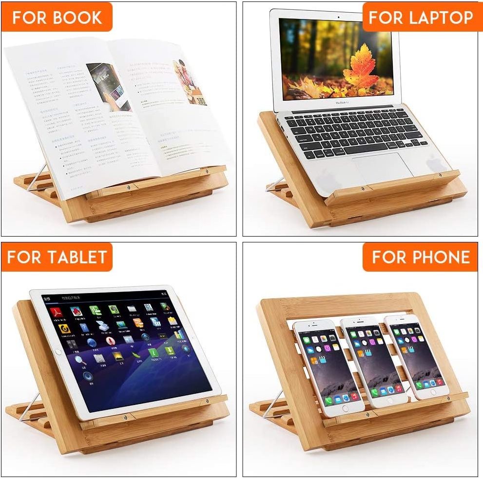 Portable Bamboo Reading Shelf with Page Clips Adjustable Bookstand Recipe Cookbook Holder Foldable Book Stand