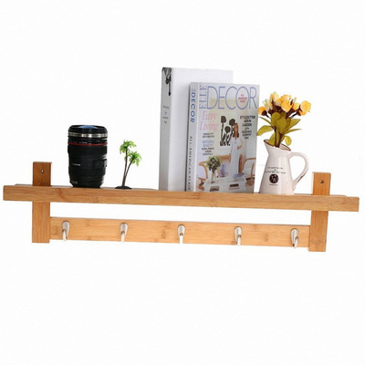 Home Decor Entryway Coat Hooks Wall Hanging Shelf with 5 Hooks for Kitchen Bedroom Bathroom Wall Mounted Bamboo Coat Rack Shelf