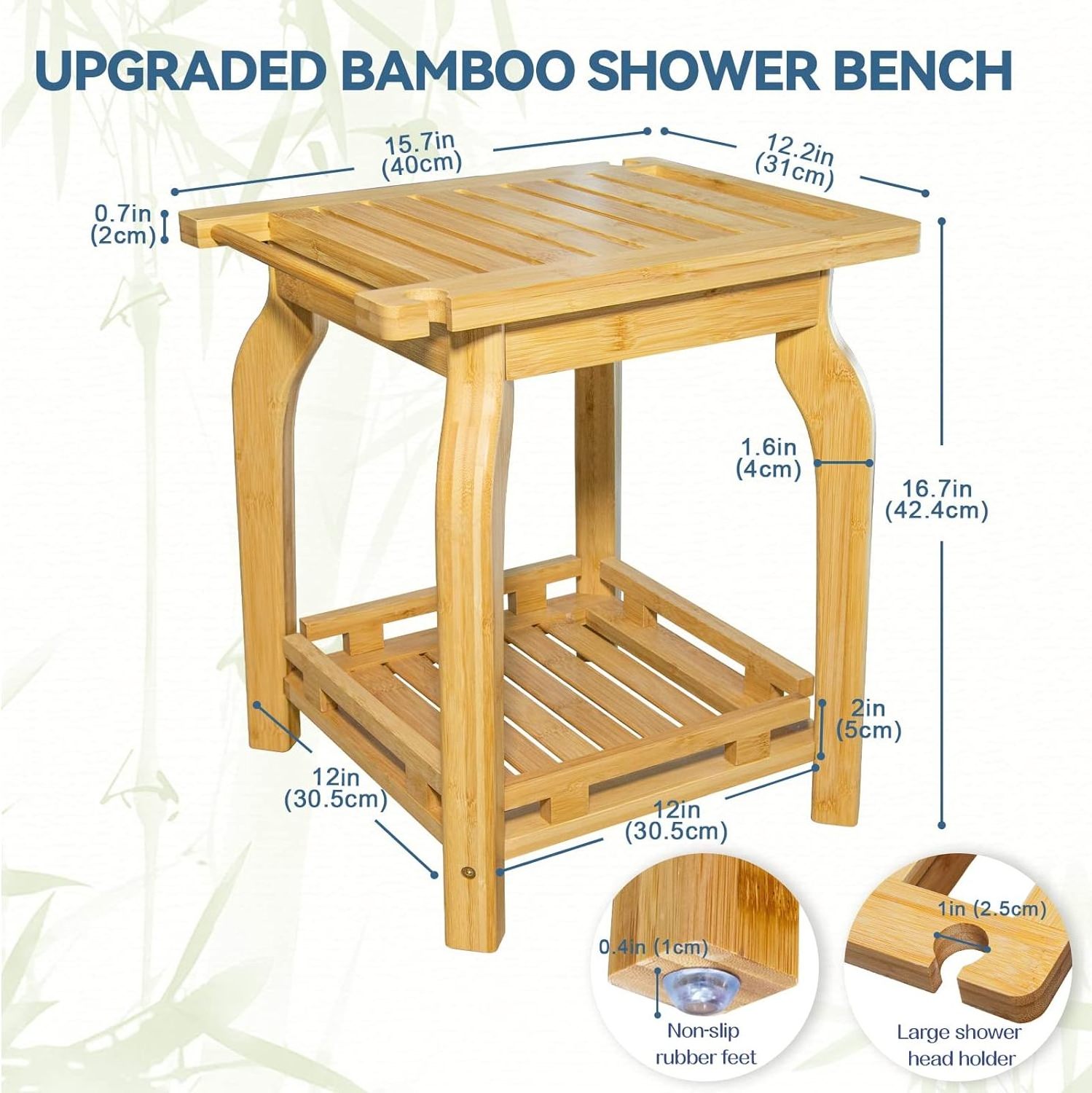 2-Tier Waterproof Bamboo Shower Chair Shower Foot Stool Corner Shower Stool with Storage Shelf