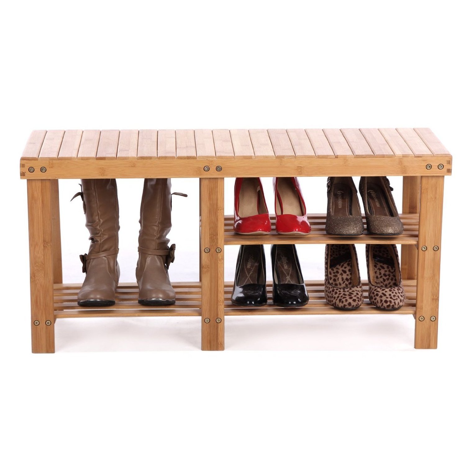 2-Tier Bamboo Shoe Rack Bench Modern Natural Wooden Boot Organizer for Home and Living Room Entryway Storage