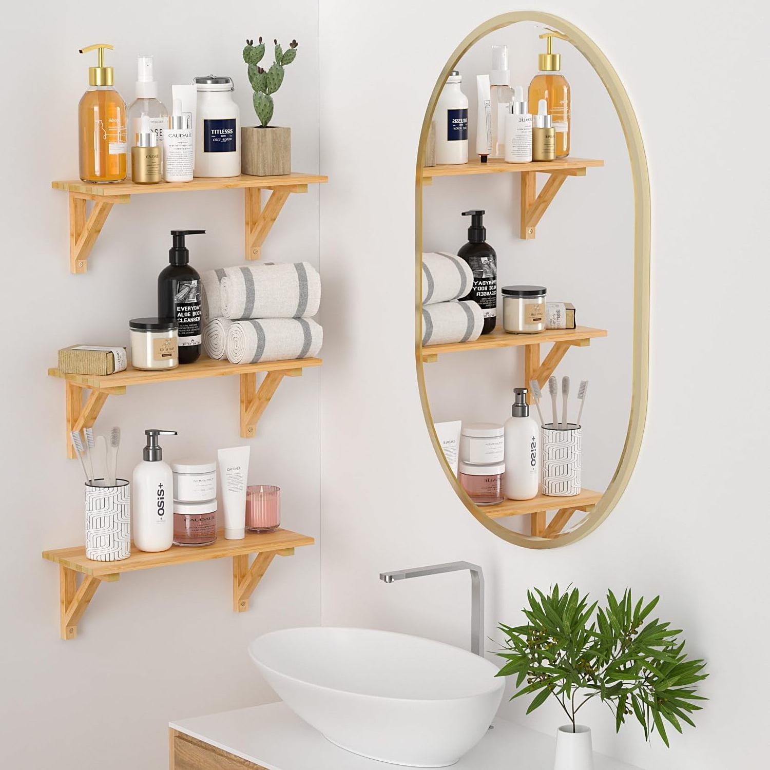 Modern Home Decor Set of 3 Bamboo Hanging Wall Shelf Storage Rack for Bathroom Kitchen Floating Shelves