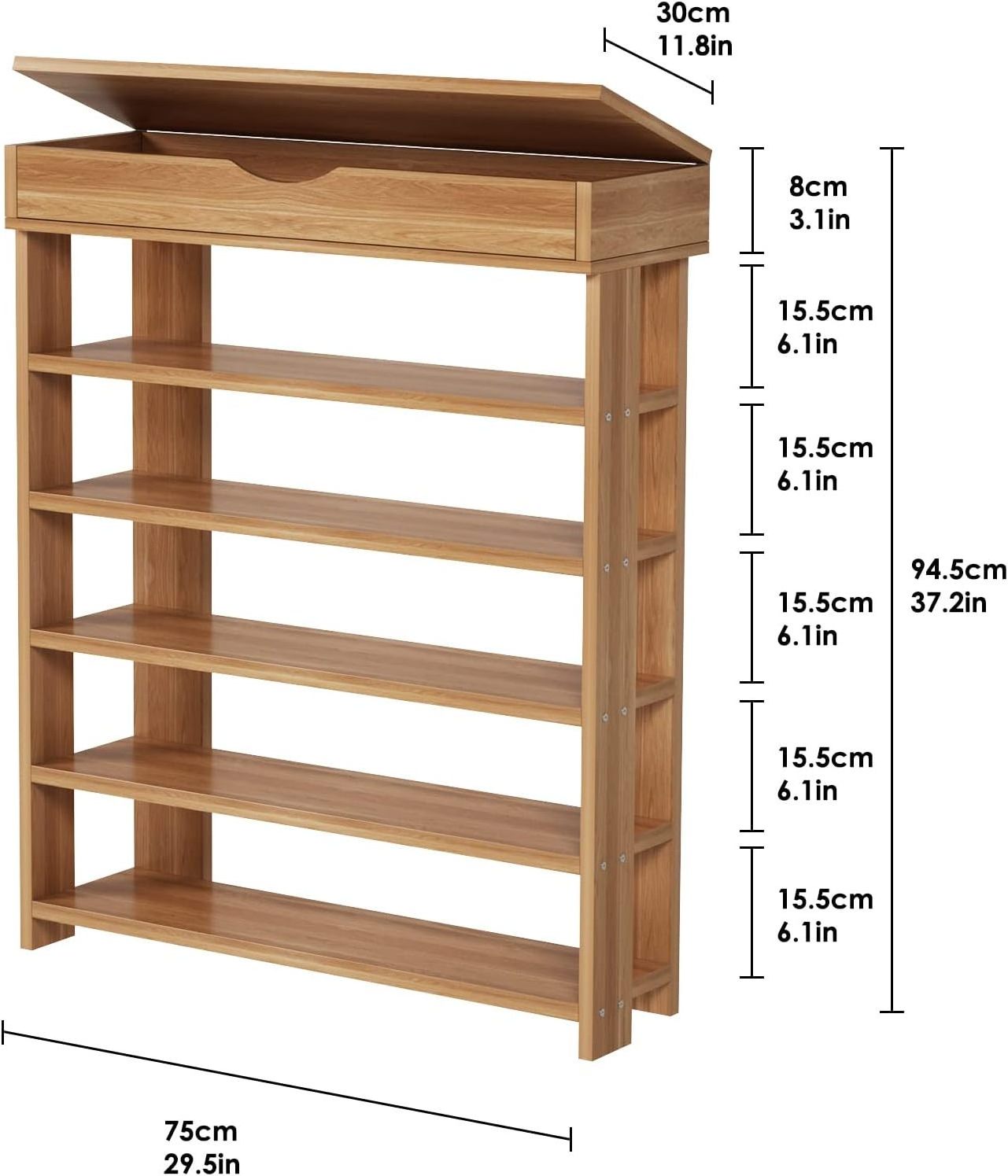 Modern 5-Tier Wooden Shoe Rack with Storage Cabinet 29.5 Inches Vertical Free Standing Shoe Organizer for Efficient Storage