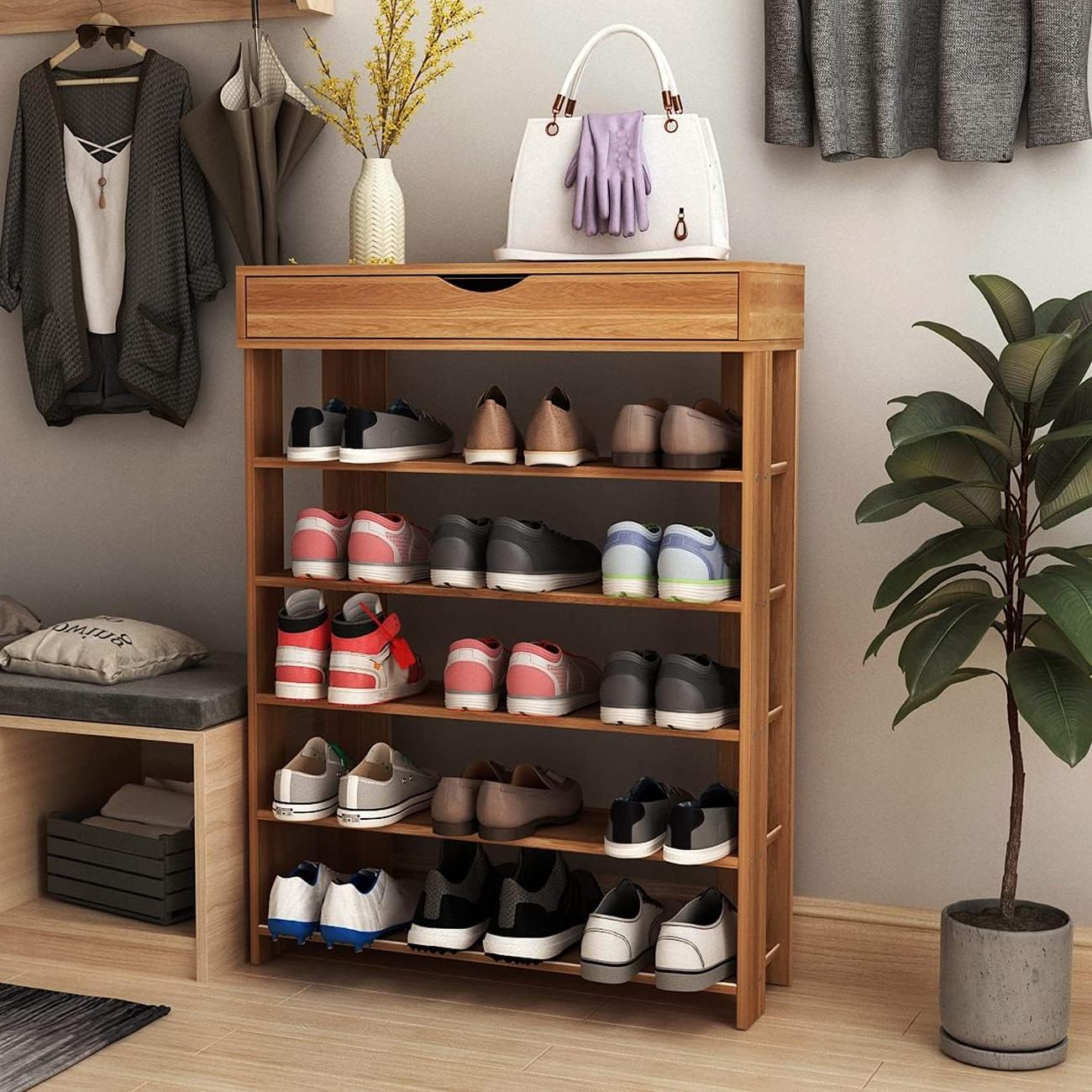 Modern 5-Tier Wooden Shoe Rack with Storage Cabinet 29.5 Inches Vertical Free Standing Shoe Organizer for Efficient Storage