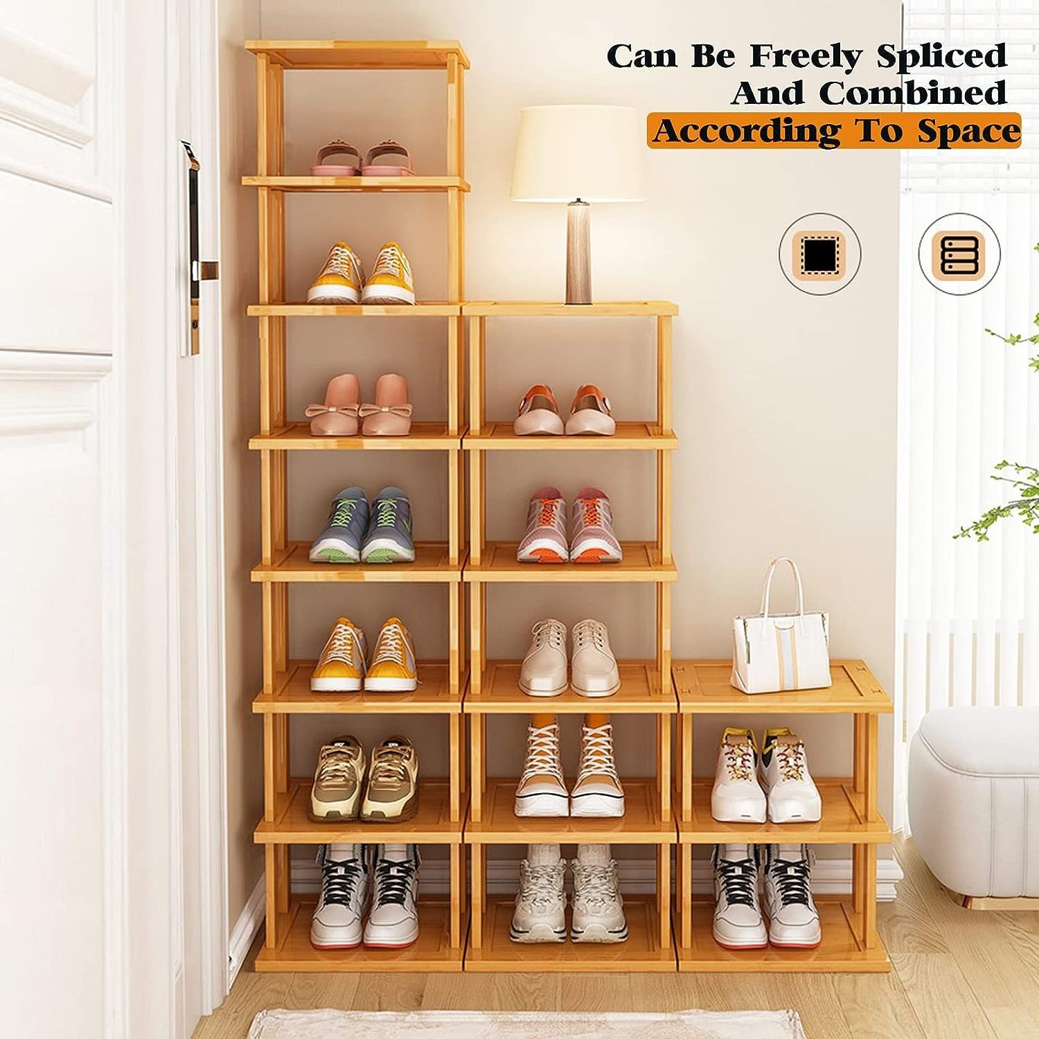 Modern Bamboo 12-Tier Vertical Shoe Rack Tall Narrow Organizer for Small Spaces for Closet Entryway Corner