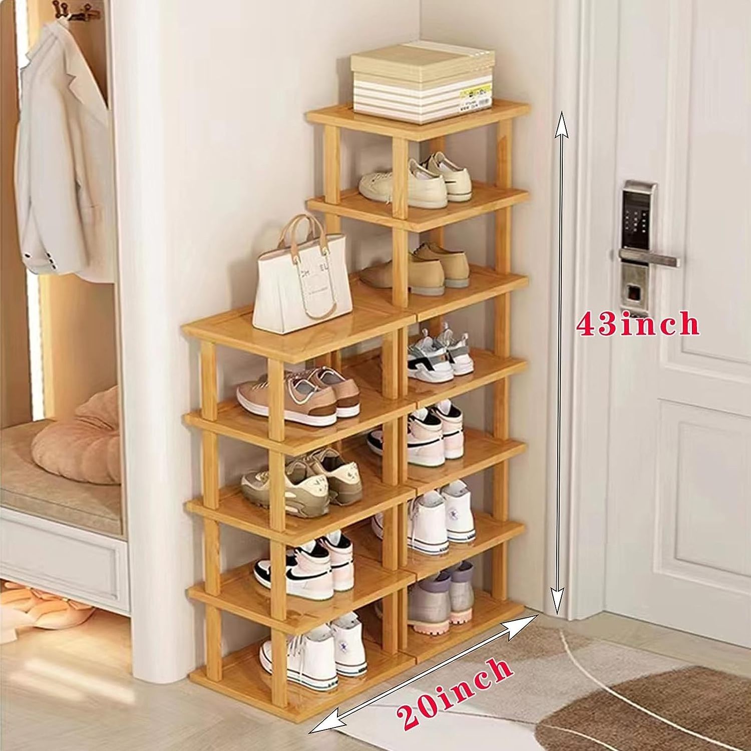 Modern Bamboo 12-Tier Vertical Shoe Rack Tall Narrow Organizer for Small Spaces for Closet Entryway Corner