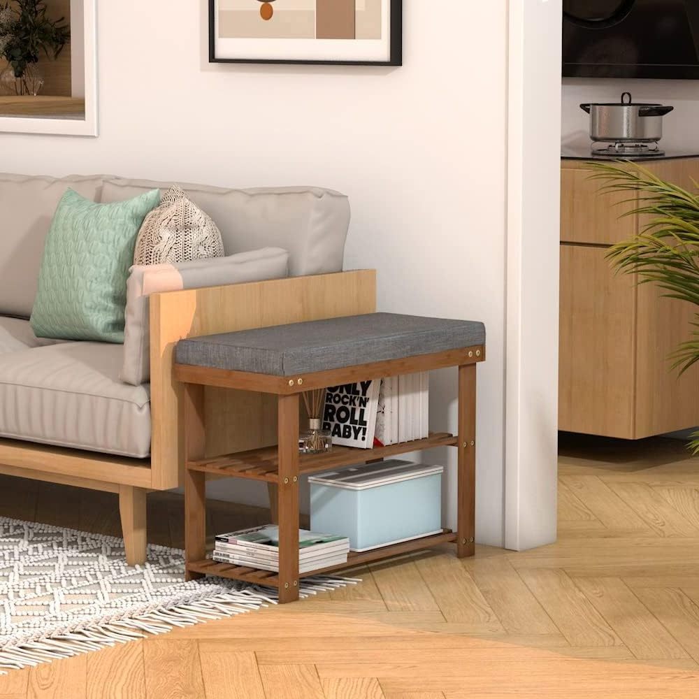 Modern 3-Tier Bamboo Shoe Rack Bench with Padded Cushion Seat Entryway Bench with Front Door Shoe Storage