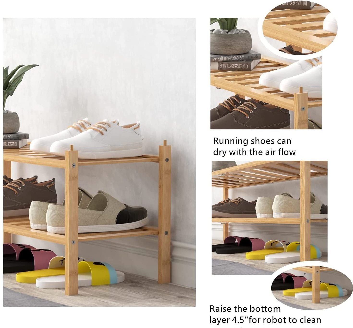 2-Tier Bamboo Modern Wood Shoe Racks Living Room Shoe Storage Organizer Shoe Rack Stand For Home