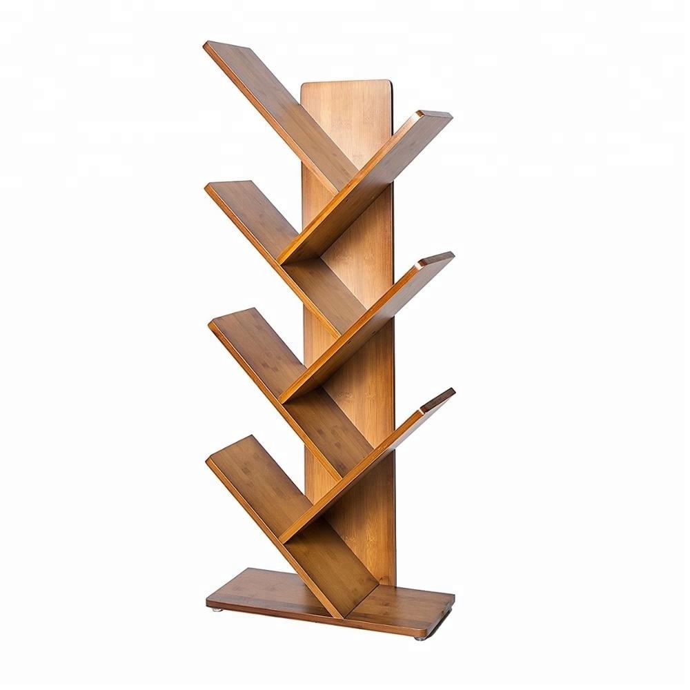 Wholesale Bamboo 6 Tier Tree Bookshelf Free Standing Tree Shape Bookcase Wood Storage Rack Organizer Shelf for CDs/Movies/Books