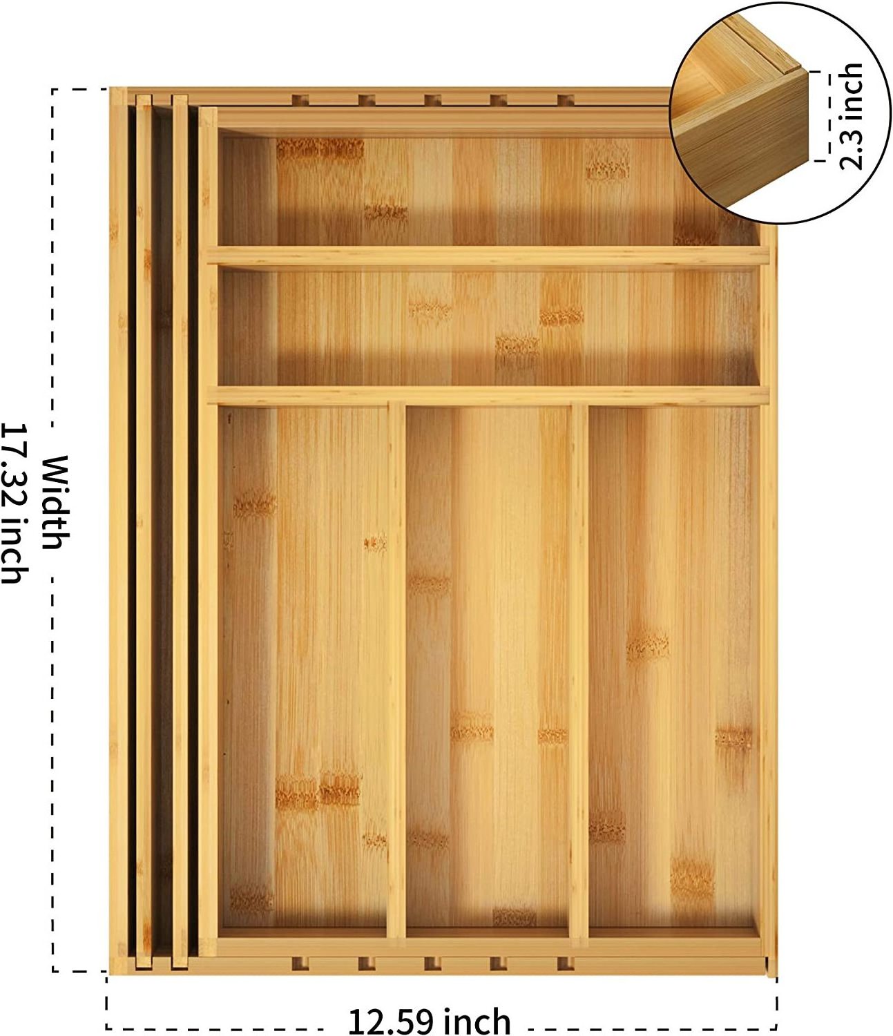 Adjustable Single-Tier Wood Cutlery Tray Divider Bamboo Kitchen Drawer Organizer for Utensil Storage and Sundries