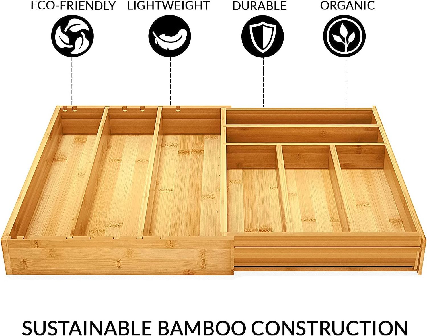 Adjustable Single-Tier Wood Cutlery Tray Divider Bamboo Kitchen Drawer Organizer for Utensil Storage and Sundries