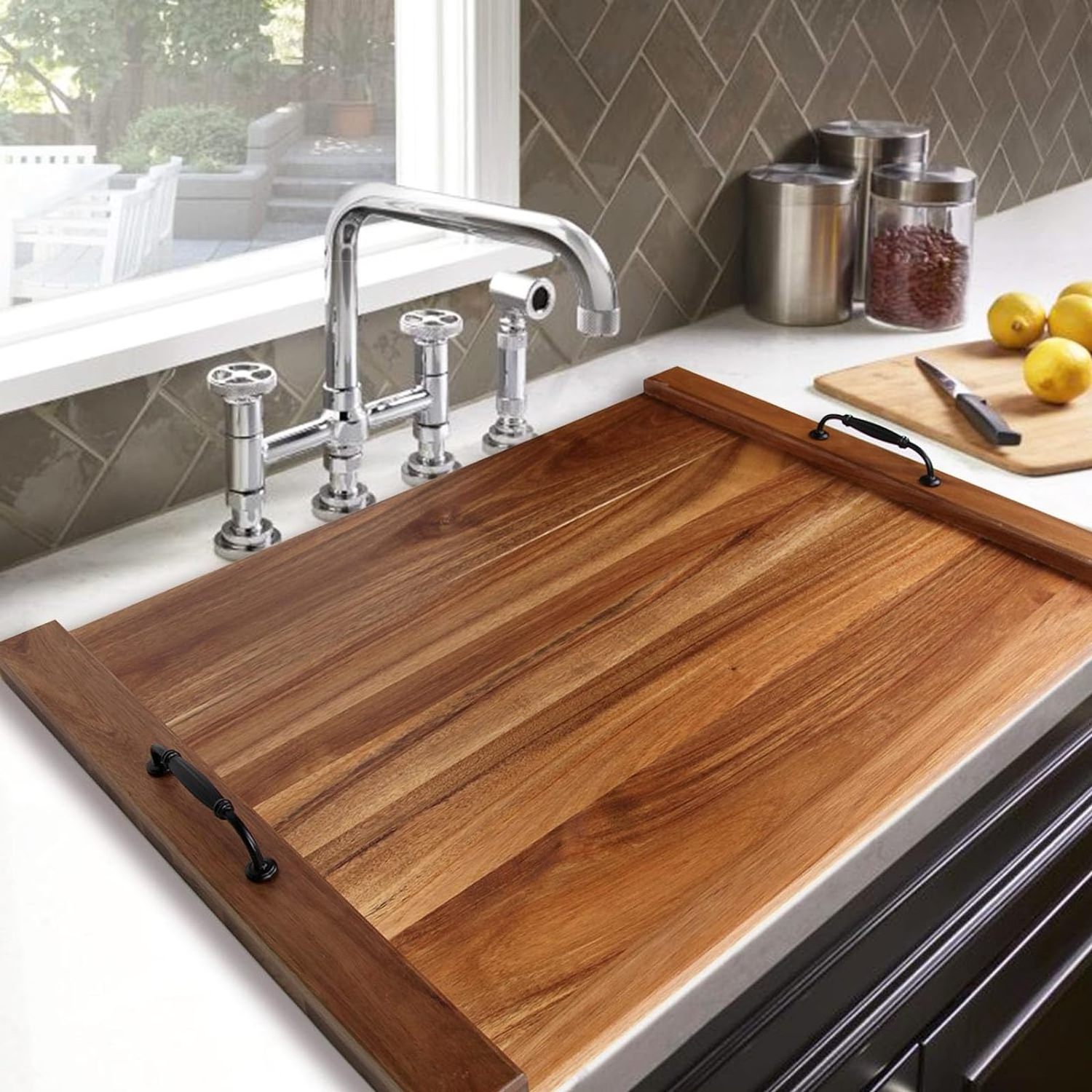 Decorative Oversized Kitchen Serving Tray with Metal Handle Extra Large Acacia Wood Stove Top Covers Cutting Board