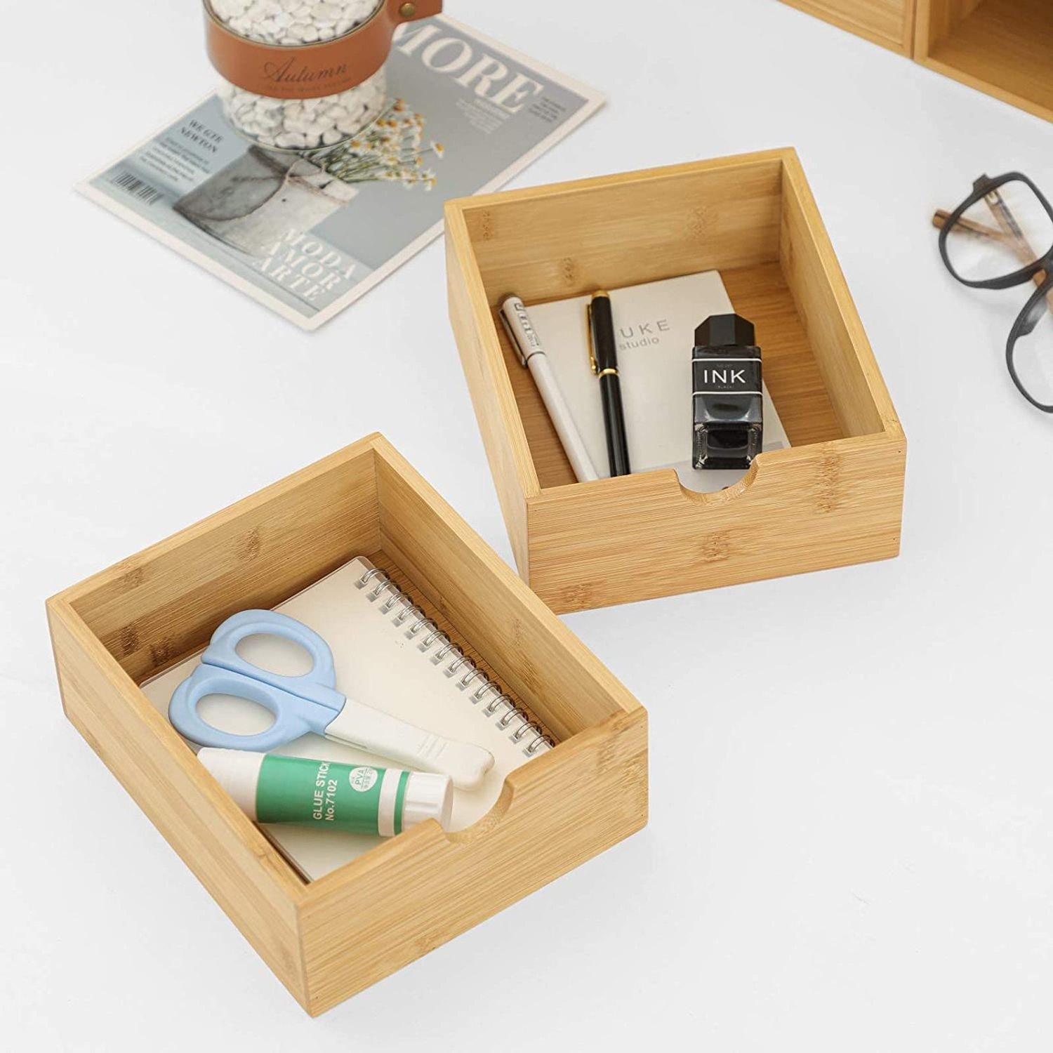 100% Original Bamboo Desk Organizer - Mini Bamboo Desk Drawer Tabletop Storage Organization Box for Office Home Toiletries