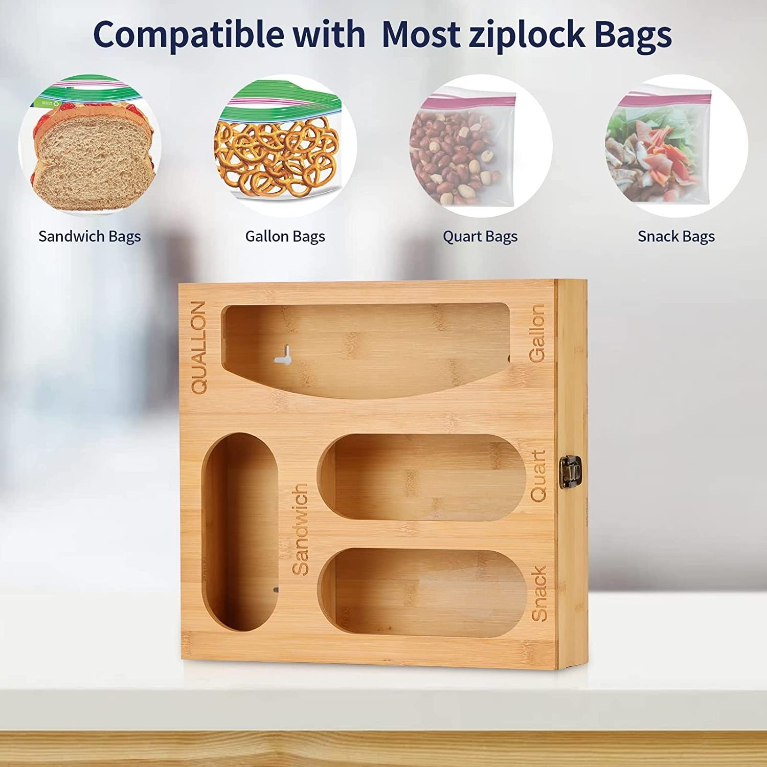 Bamboo Ziplock Bag Organizer Box 4 in 1 Wall Mounted Sandwich Bag Dispenser Holder Kitchen Organization for Variety Size Bag