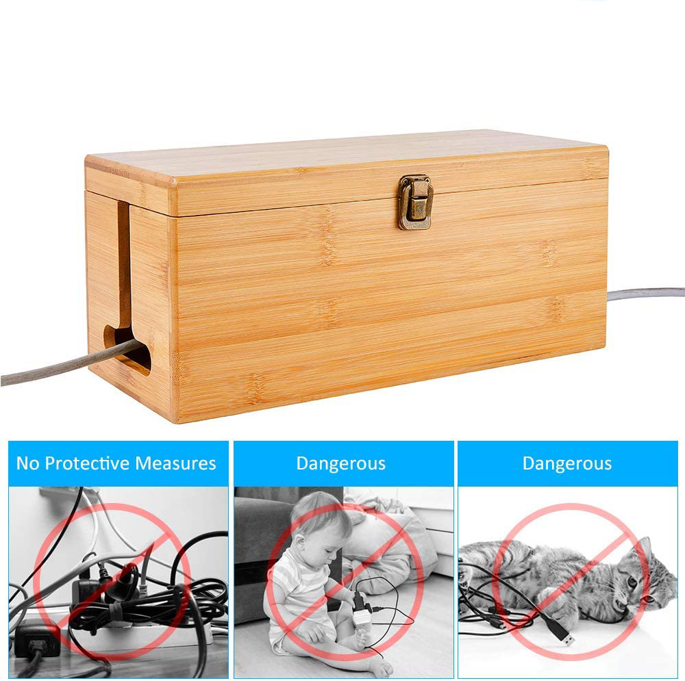 Home Office Desk Cable Storage Organizer Box Cord Box Hider to Cover Power Strip Bamboo Cable Management Box