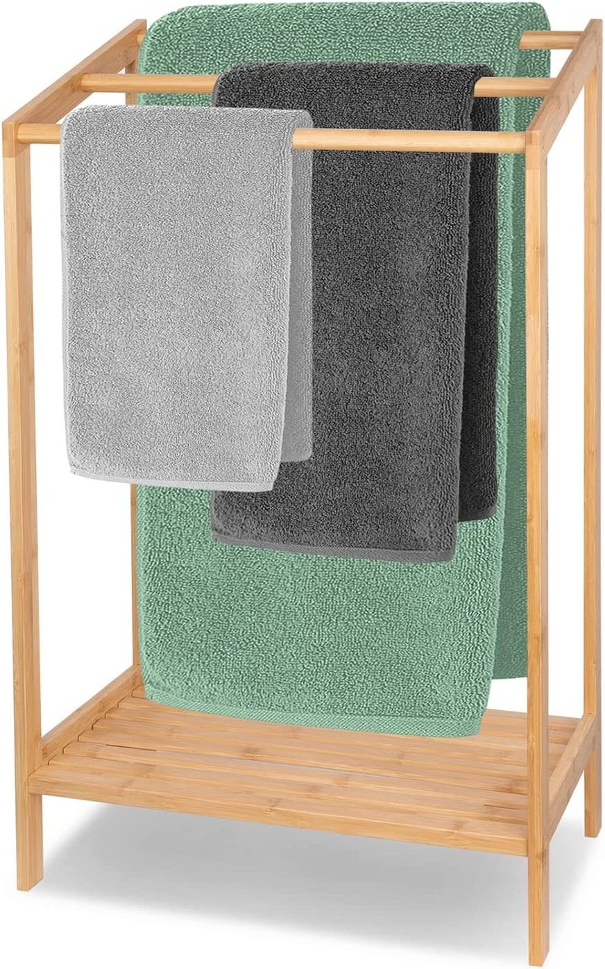 3-Tier Freestanding Bamboo Towel Rack with Bottom Storage Shelf for Bathroom Washcloths