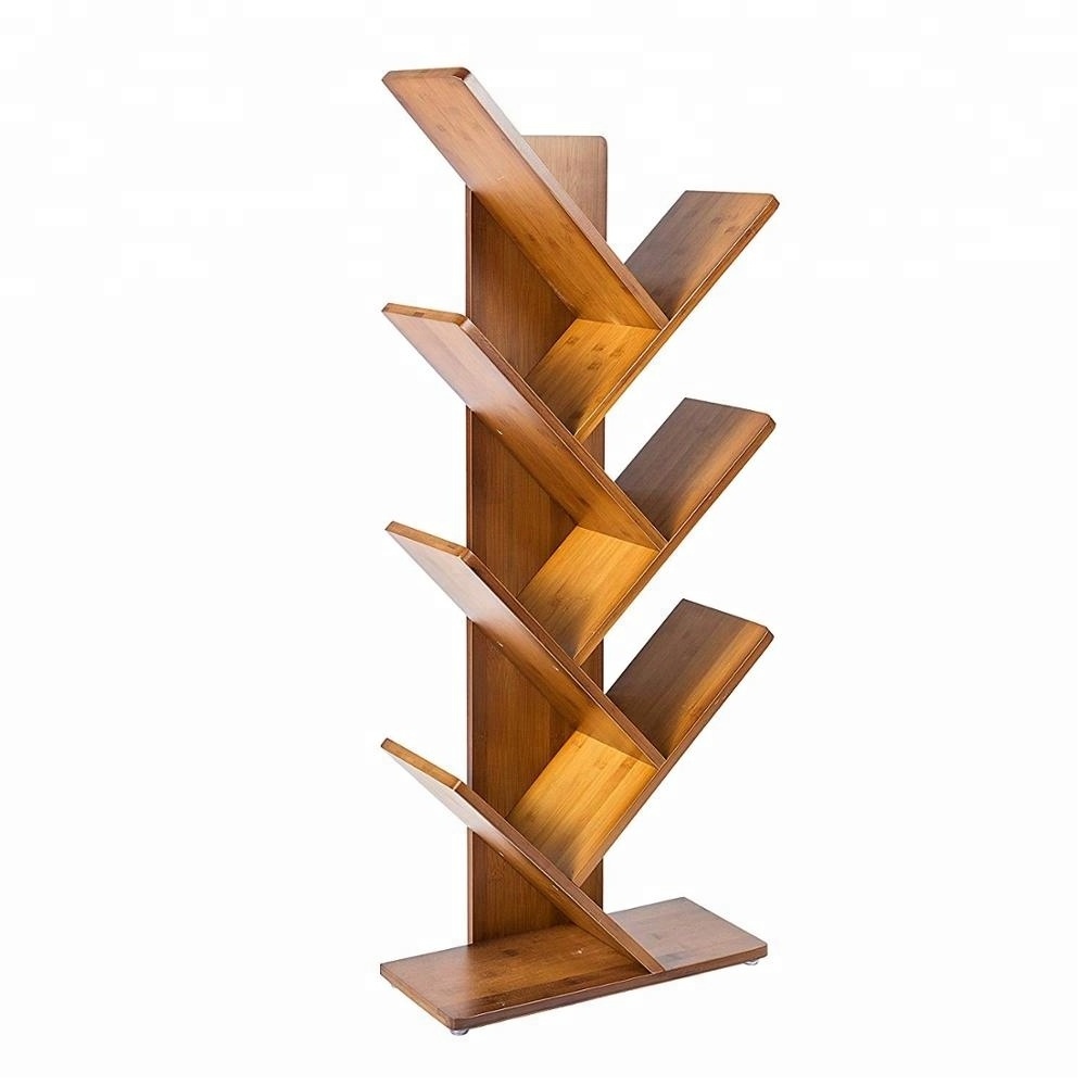 Wholesale Bamboo 6 Tier Tree Bookshelf Free Standing Tree Shape Bookcase Wood Storage Rack Organizer Shelf for CDs/Movies/Books