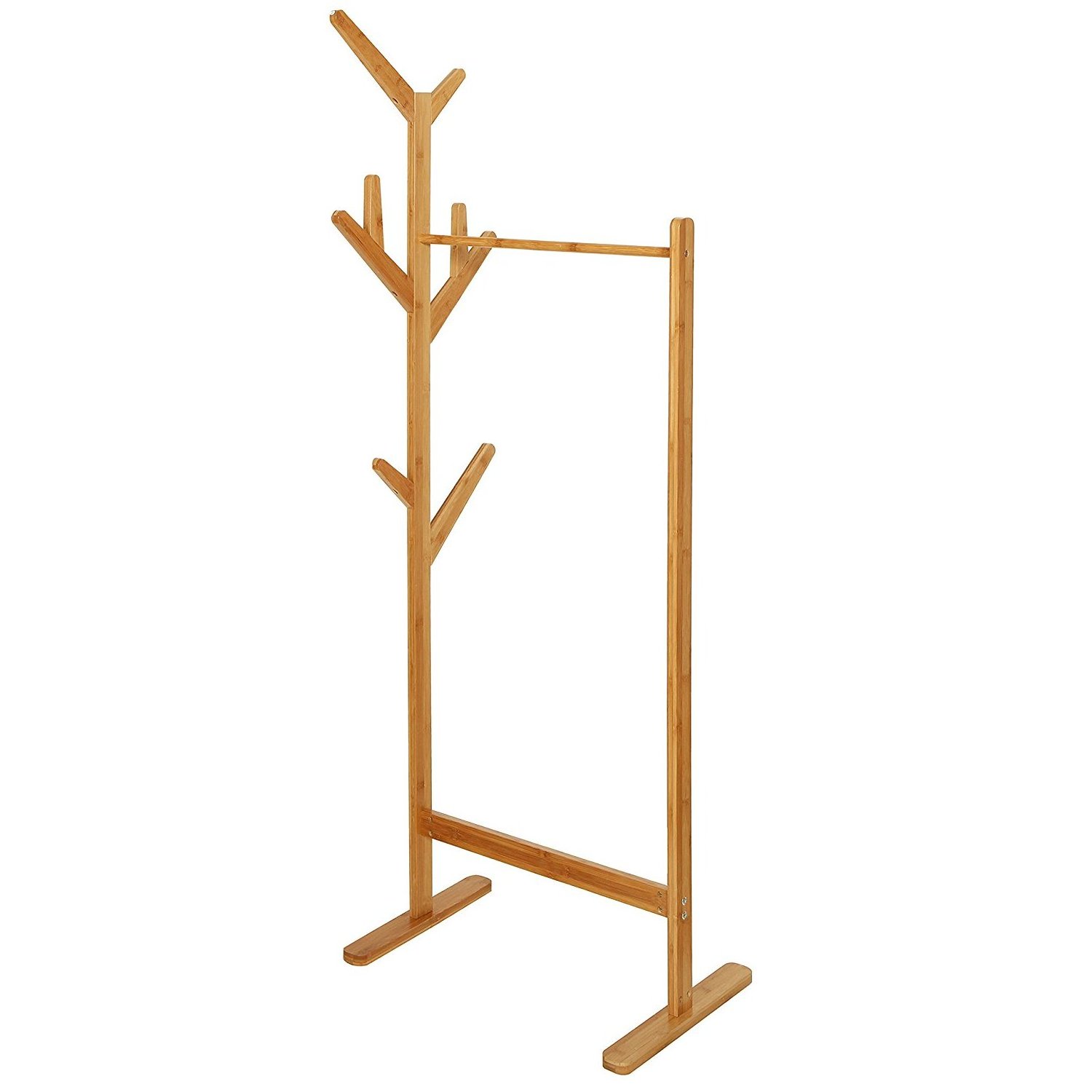 Freestanding Bamboo Hanger Stand 6-Hooks Storage Shelf Organizer Entryway Hall Tree Coat Tree Modern Garment Rack