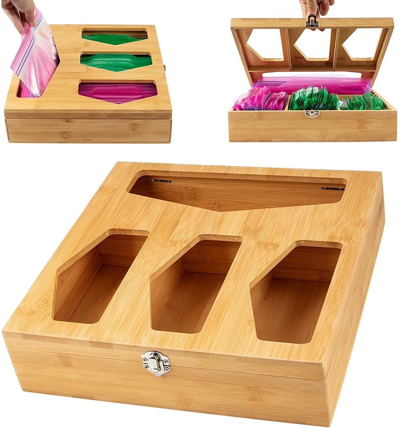 Wood Food Storage Bag Holders Bamboo Ziplock Bag Storage Organizer and Dispenser for Kitchen Drawer